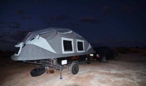 camper trailer up at night